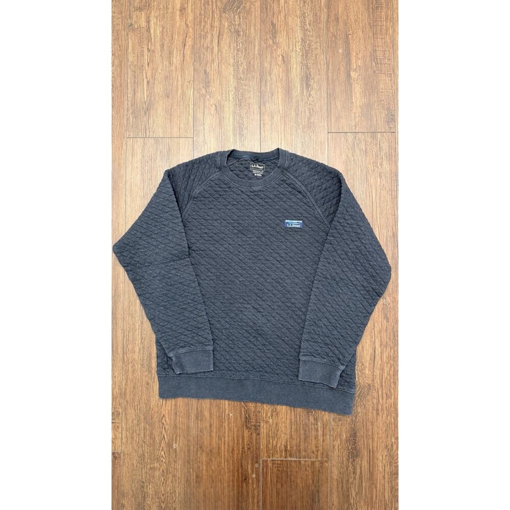 LL Bean Quilted Sweatshirt Mens Medium Grey Pullover Crew Neck Knit Logo Hiking